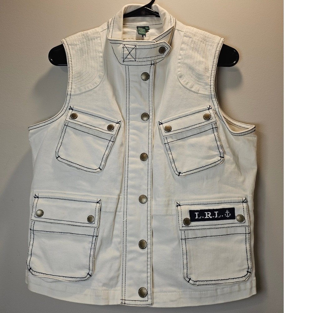 Lauren Ralph Lauren Utility Vest Off White Denim Navy Stitch Cargo Nautical L